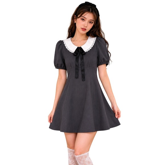 Dazy Dresses & Skirts - DAZY Wednesday Addams Peter Pan Collar Mini Dress Junior M Coquette Doll Gray